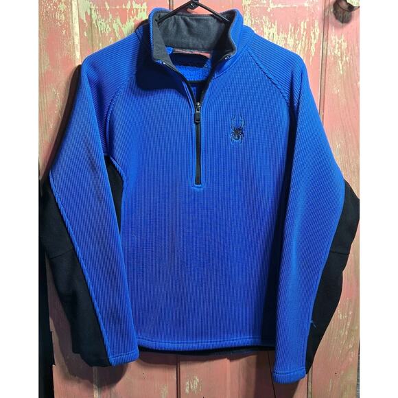 SPYDER Core Mens Medium Knit Pullover Sweater 1/4 Zip Ski Snowboard Blue Black - Picture 1 of 16